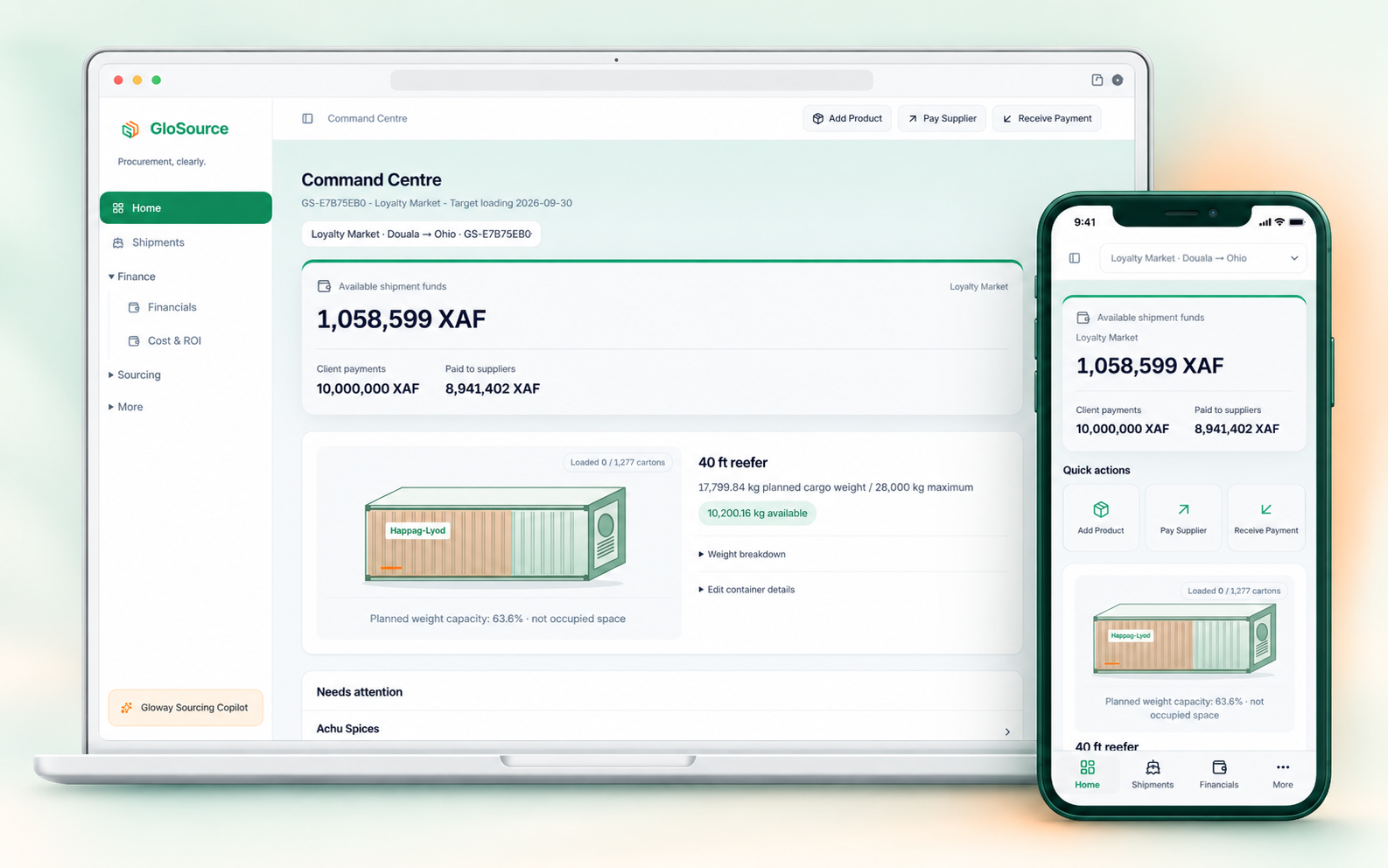 GloSource dashboard on desktop and mobile