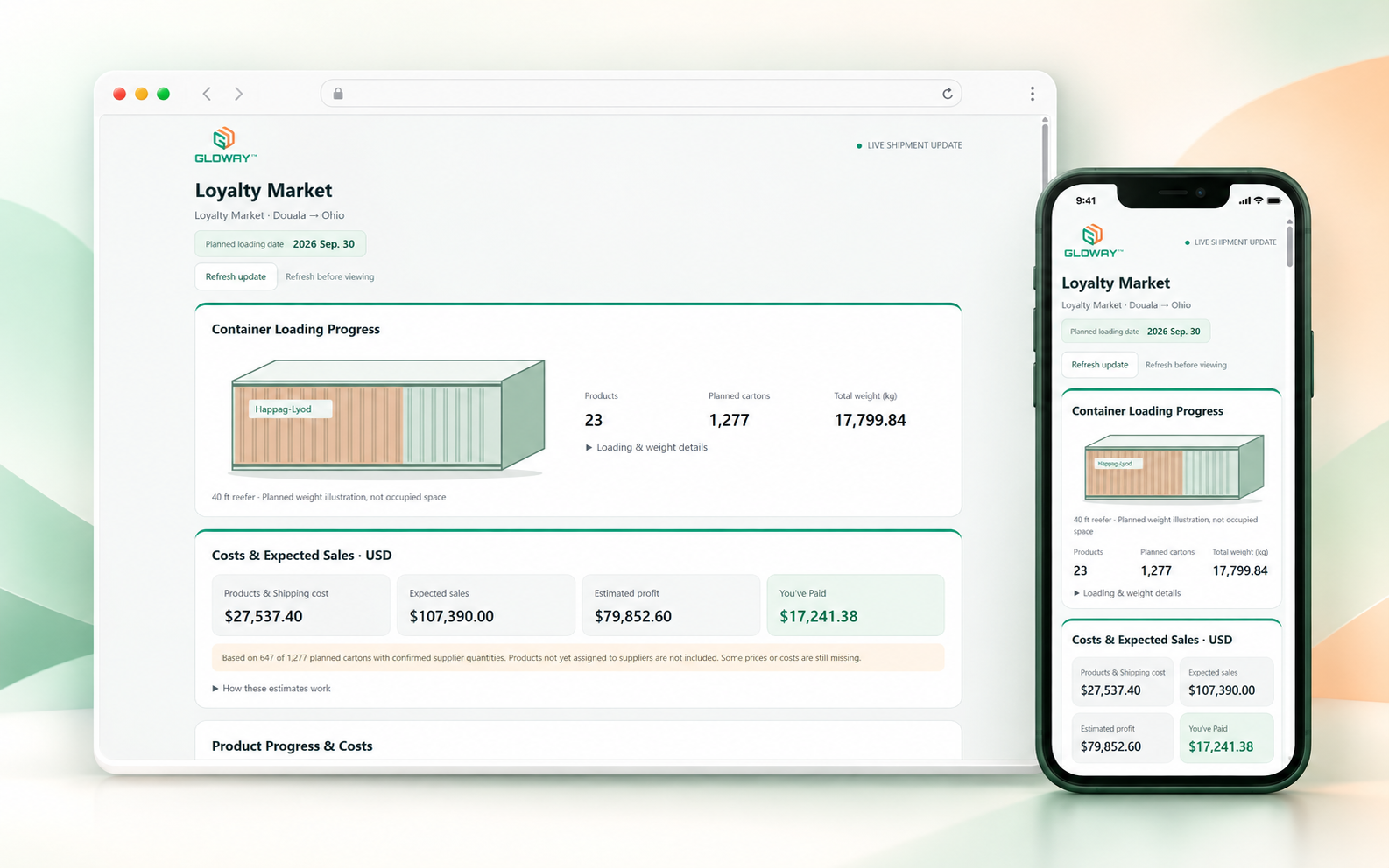 Container illustration from the GloSource shipment dashboard